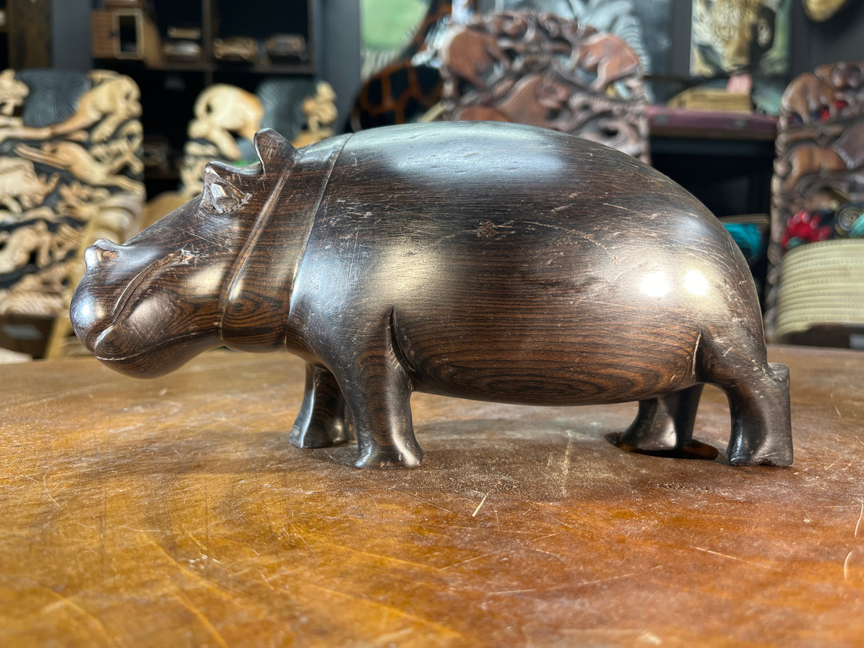 Hand Carved Ebony Wooden Hippo - Mouth Closed