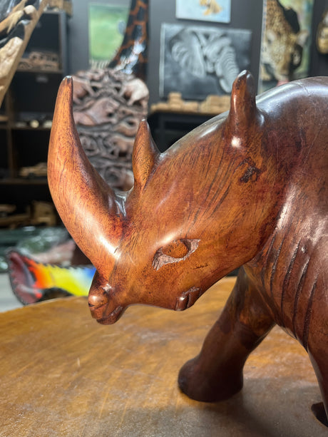 Hand carved Wooden Standing Rhino Curio (Reddish Brown)