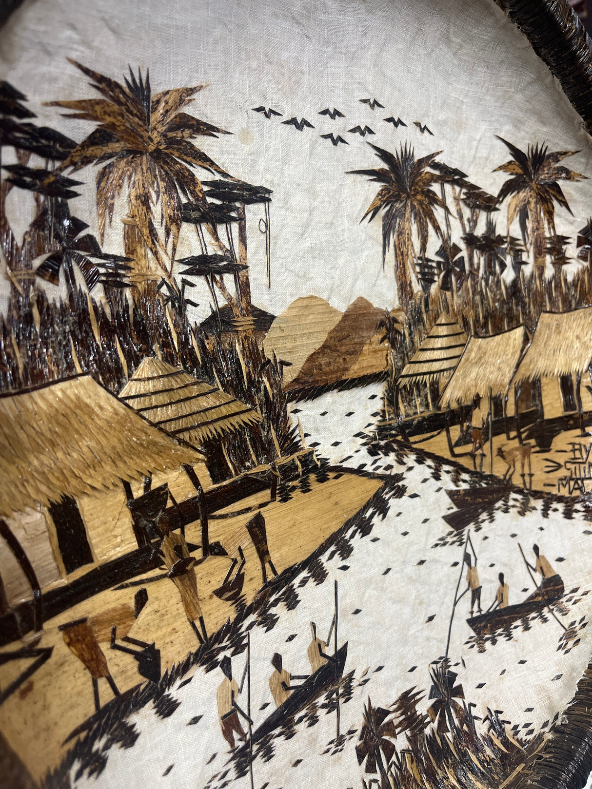 Handmade Wicker, cloth and Banana leaf Decorative Tray - Lake Malawi Scene