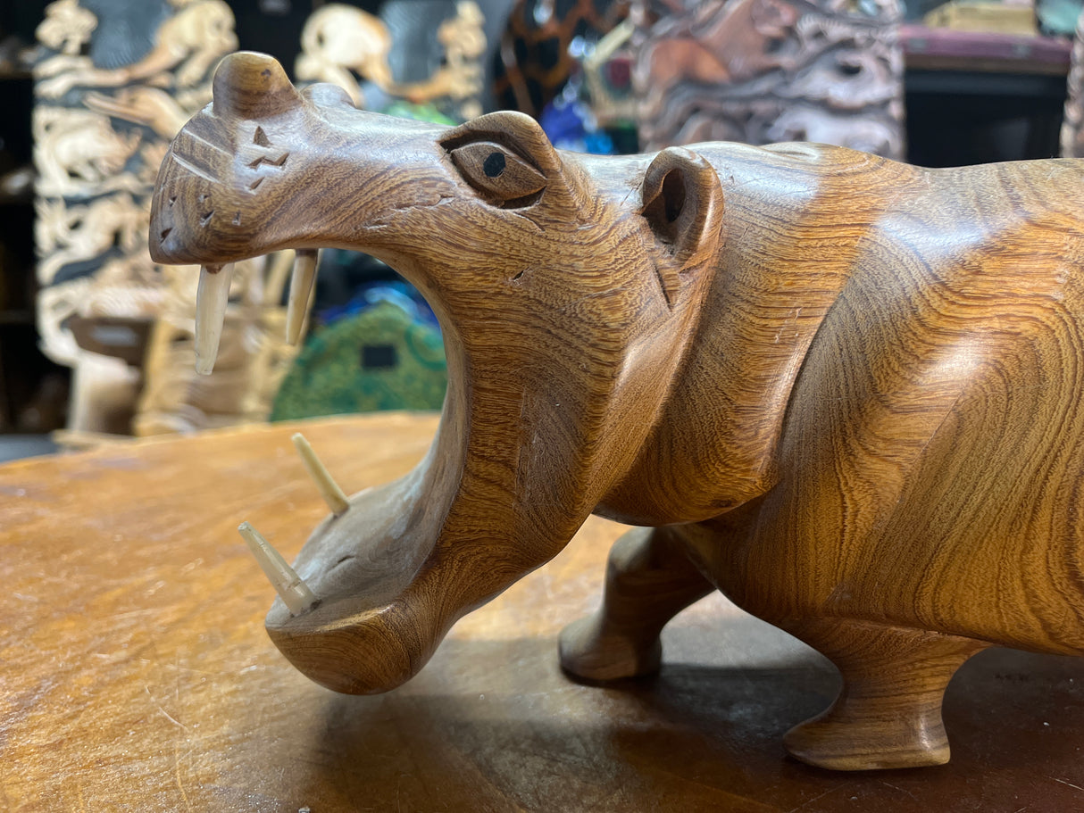 Hand Carved Wooden Hippo - Mouth Open With Teeth