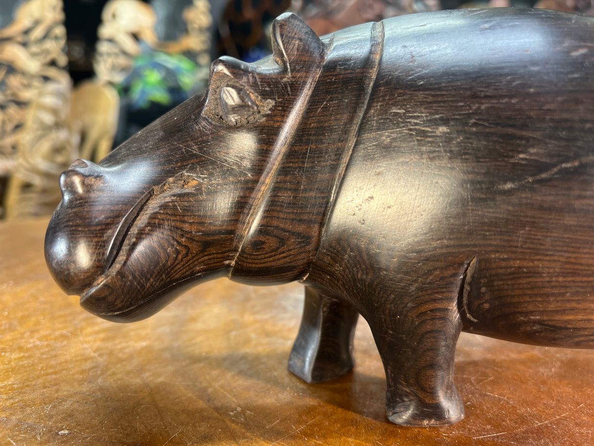 Hand Carved Ebony Wooden Hippo - Mouth Closed