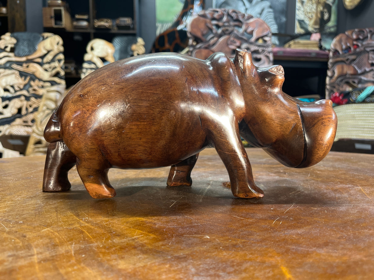 Hand Carved Shiny Dark Brown Wooden Hippo - Mouth Closed