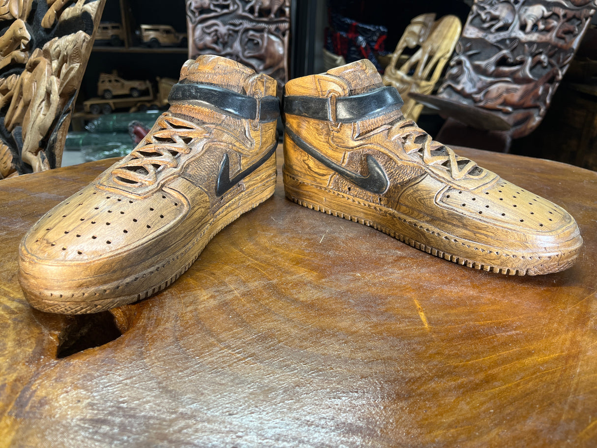 Pair of Nike Air Force One High V1.1 Hand Carved Mahogany Display Piece