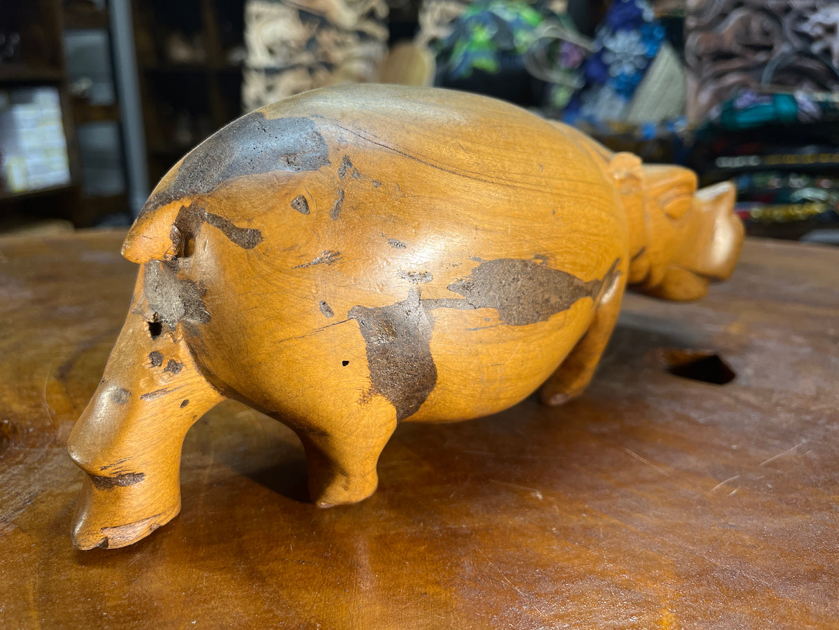 Hand Carved Light Brown Wooden Hippo - Mouth Closed