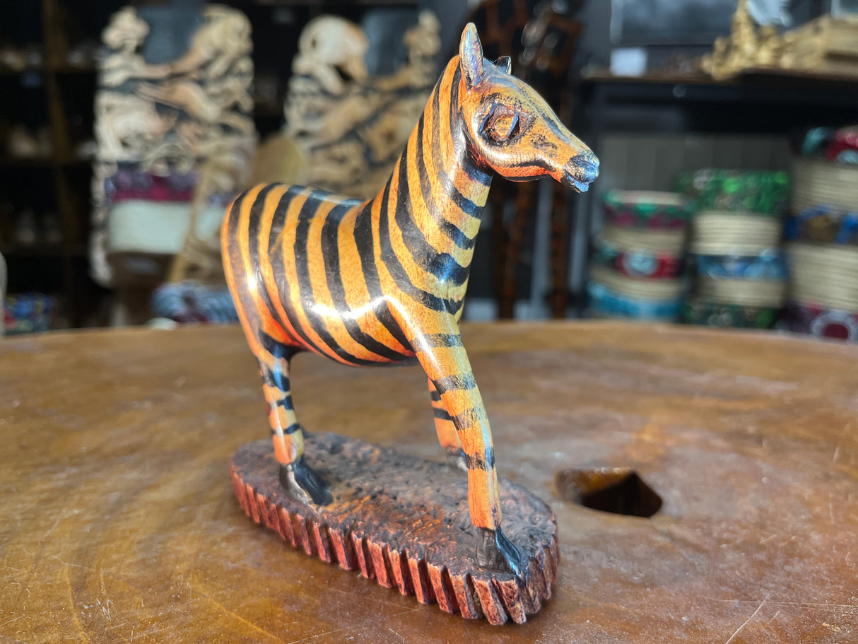 Hand Carved Painted Wooden Zebra on Stand