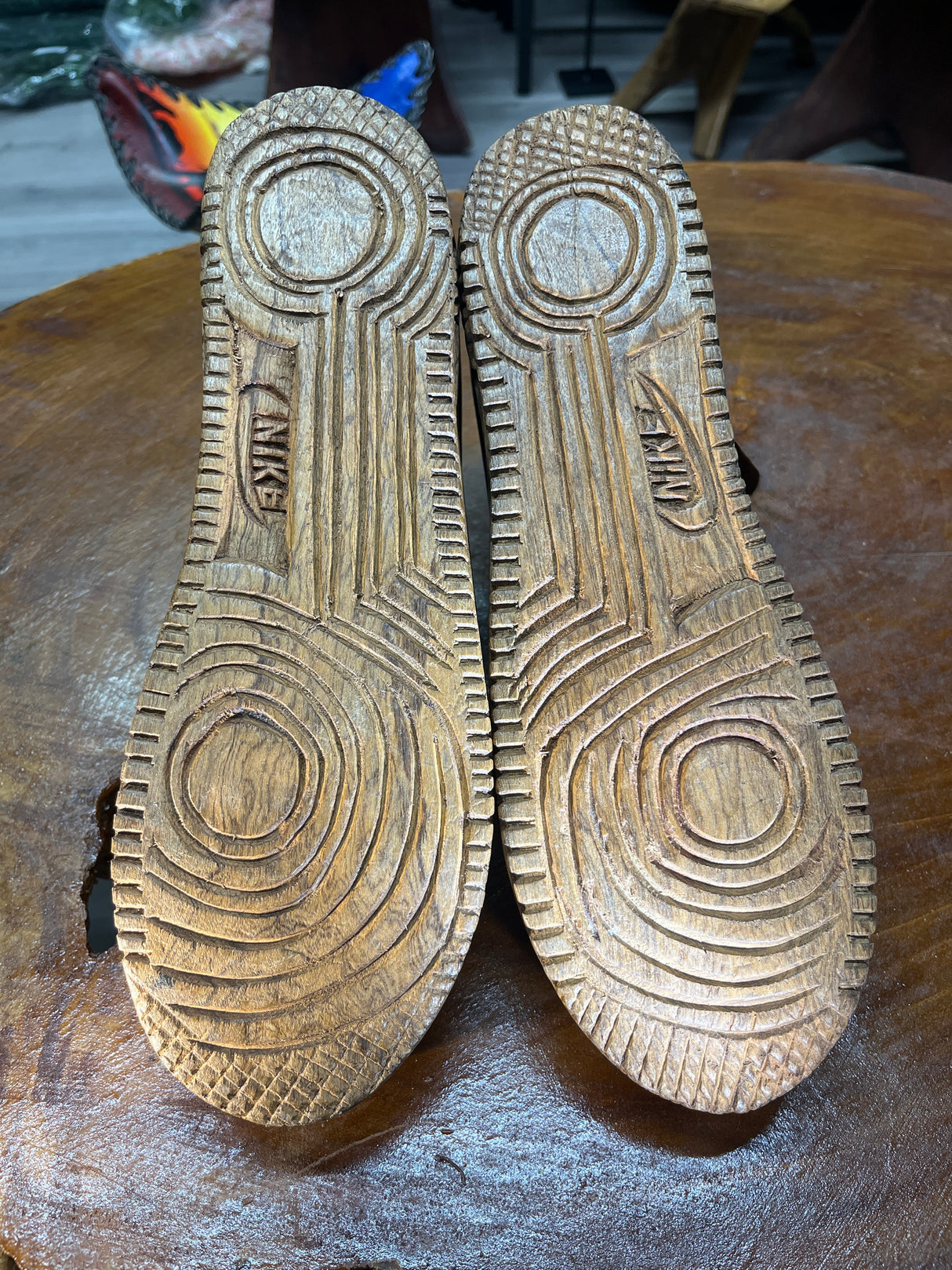 Pair of Nike Air Force One High V1.1 Hand Carved Mahogany Display Piece