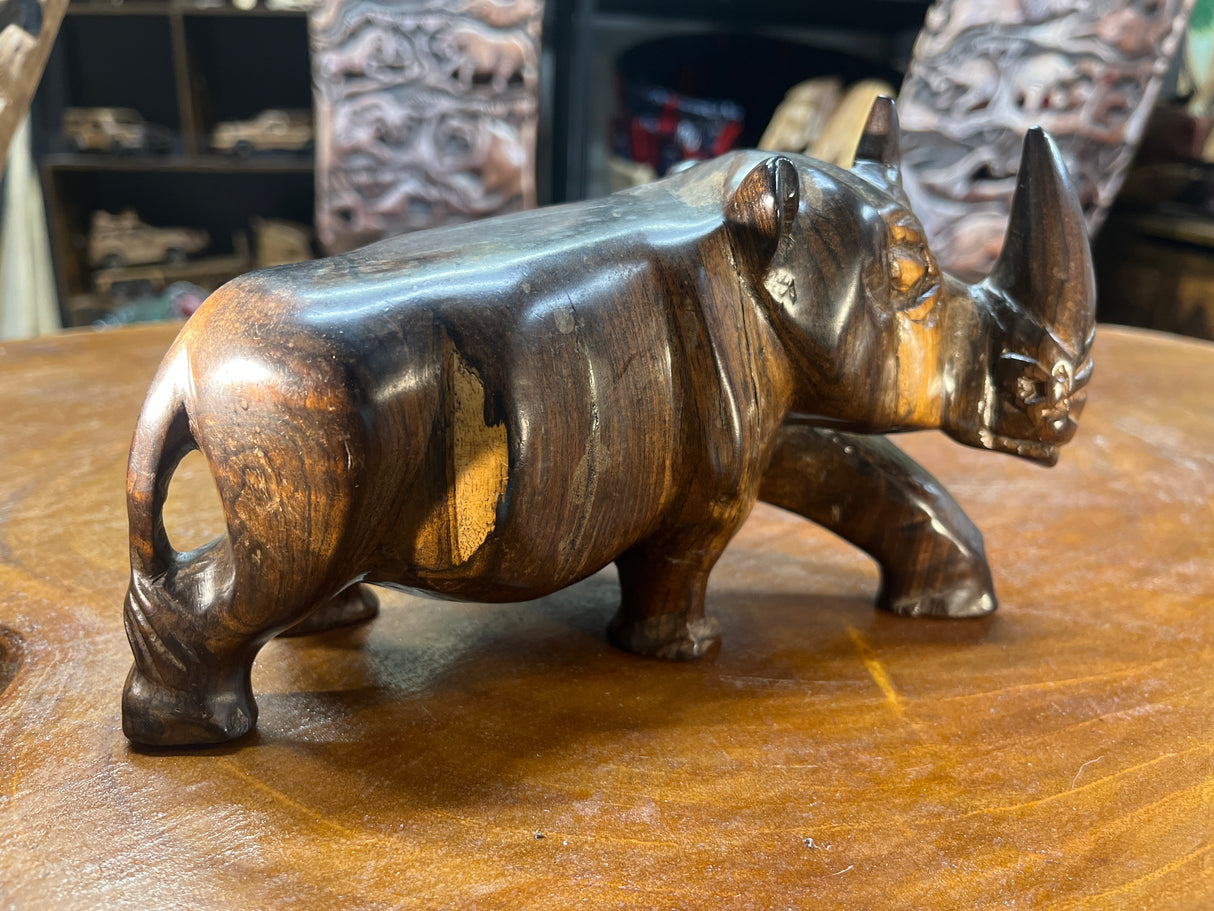 Short and Stocky Handcarved Wooden Standing Rhino Curio