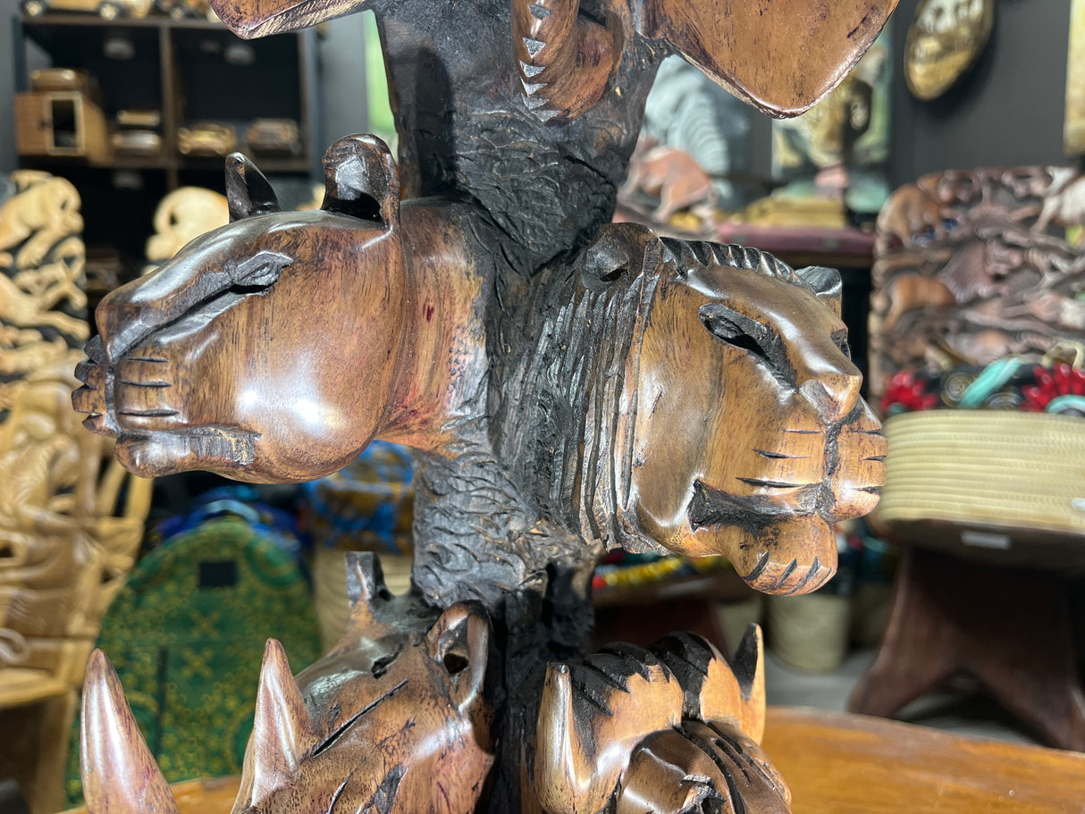 Hand Carved ‘Big 5’ On a Tree Trunk Ornament - Elephant, Leopard, Lion, Rhino, Buffalo