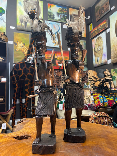 Pair of African Tribal Warriors Hand Carved in Wood