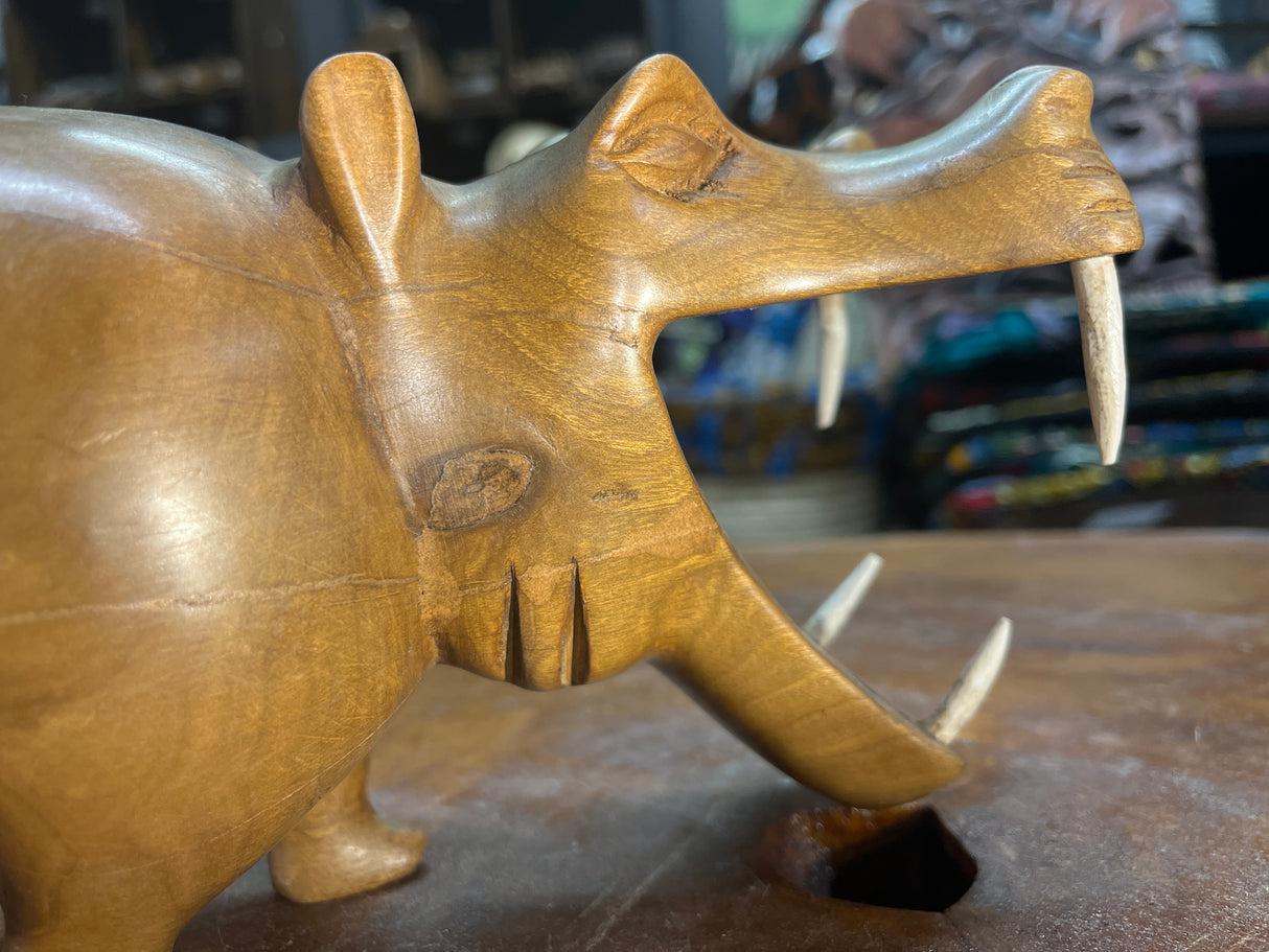 Hand Carved Wooden Walking Hippo - Mouth Open With Teeth
