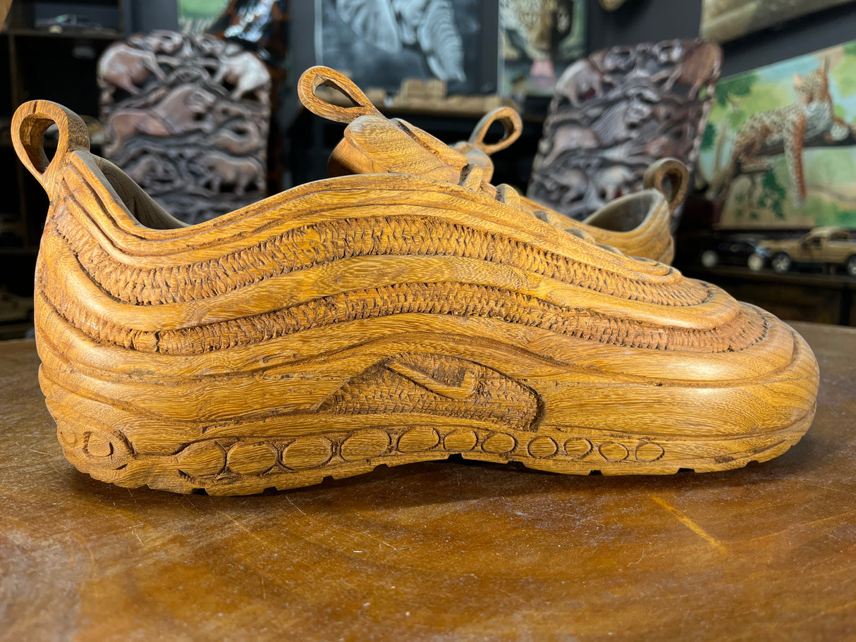 Pair of Nike Air Max 97 V1.1 Hand Carved Mahogany Display Piece