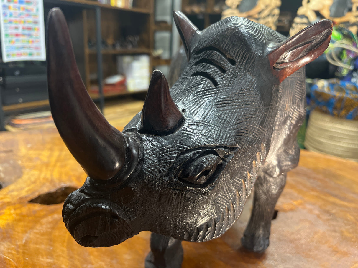 Large Black Hand Carved Wooden Textured Ebony Rhino Malawi