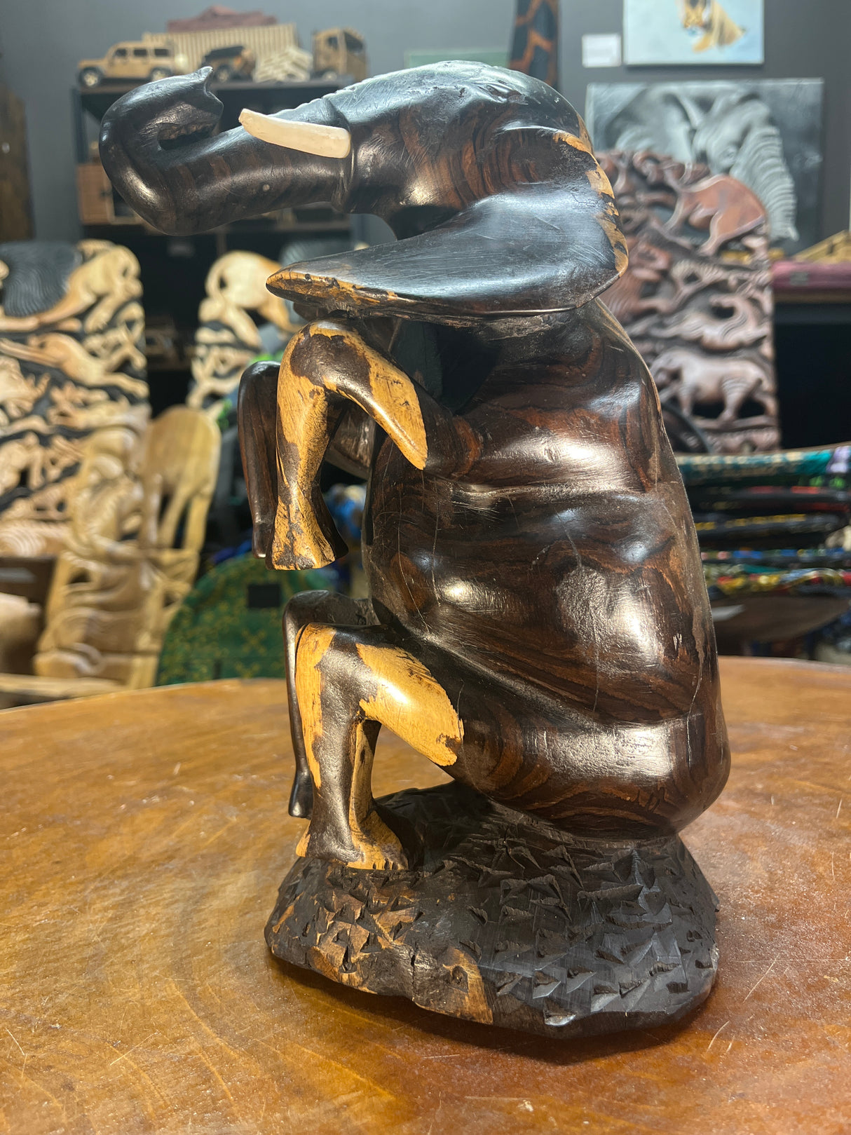 Hand Carved Happy Ebony Elephant