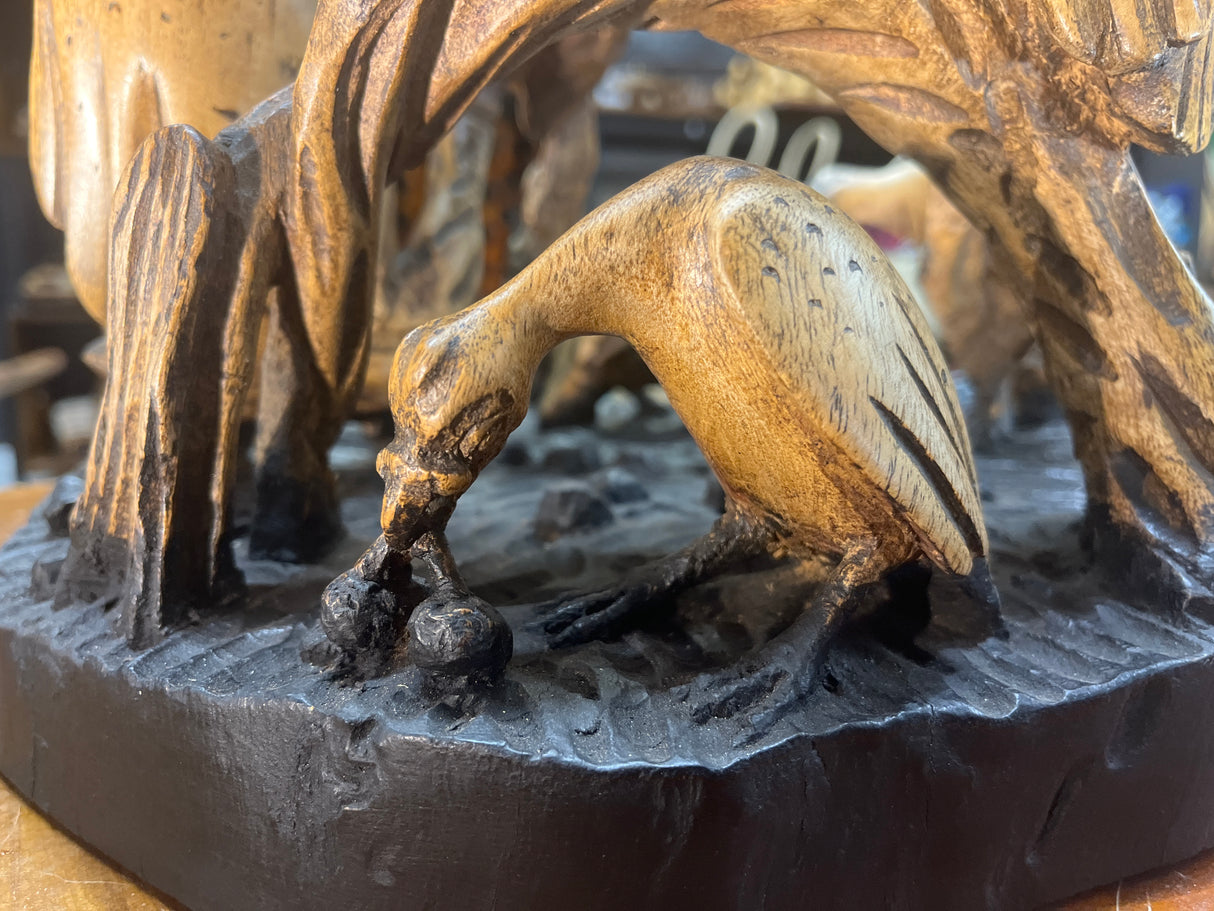 Intricately Hand Carved Vulture Feeding Frenzy On a Tree Wooden Statue