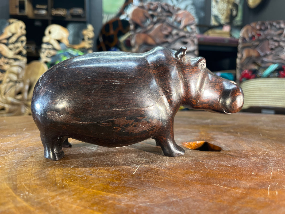 Small Hand Carved Ebony Wooden Hippo - Mouth Closed
