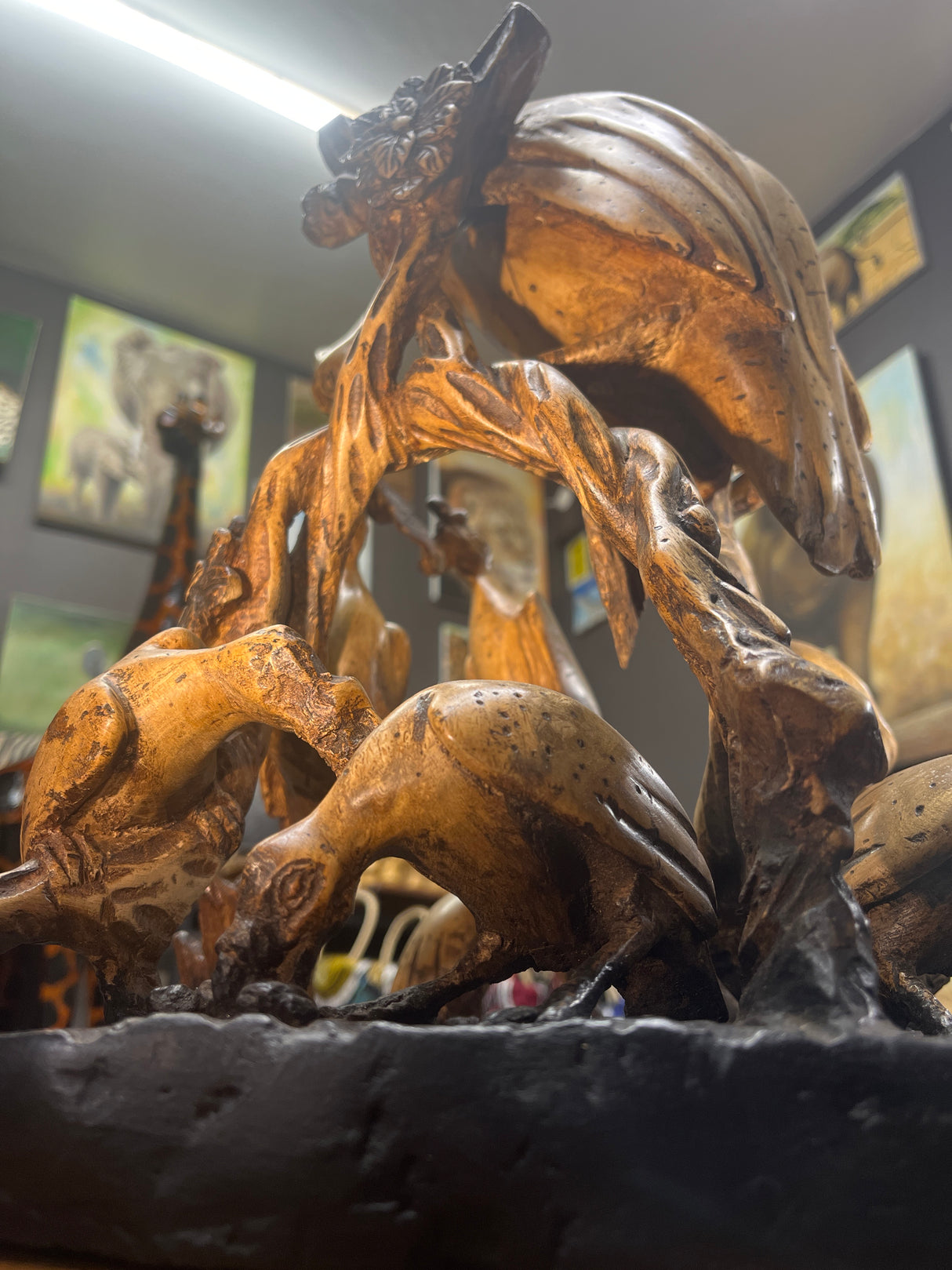 Intricately Hand Carved Vulture Feeding Frenzy On a Tree Wooden Statue
