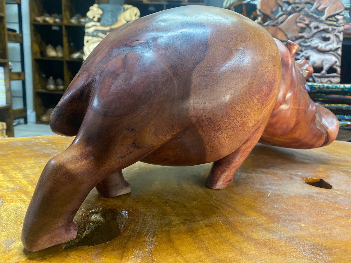 Big Reddish Colour Hand Carved Wooden Hippo - Mouth Closed (Heavy Piece)