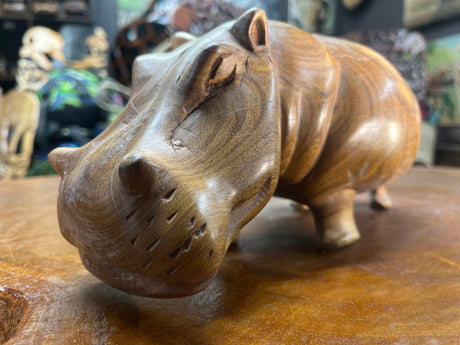 Hand Carved Beautifully Grained Wooden Hippo - Mouth Closed