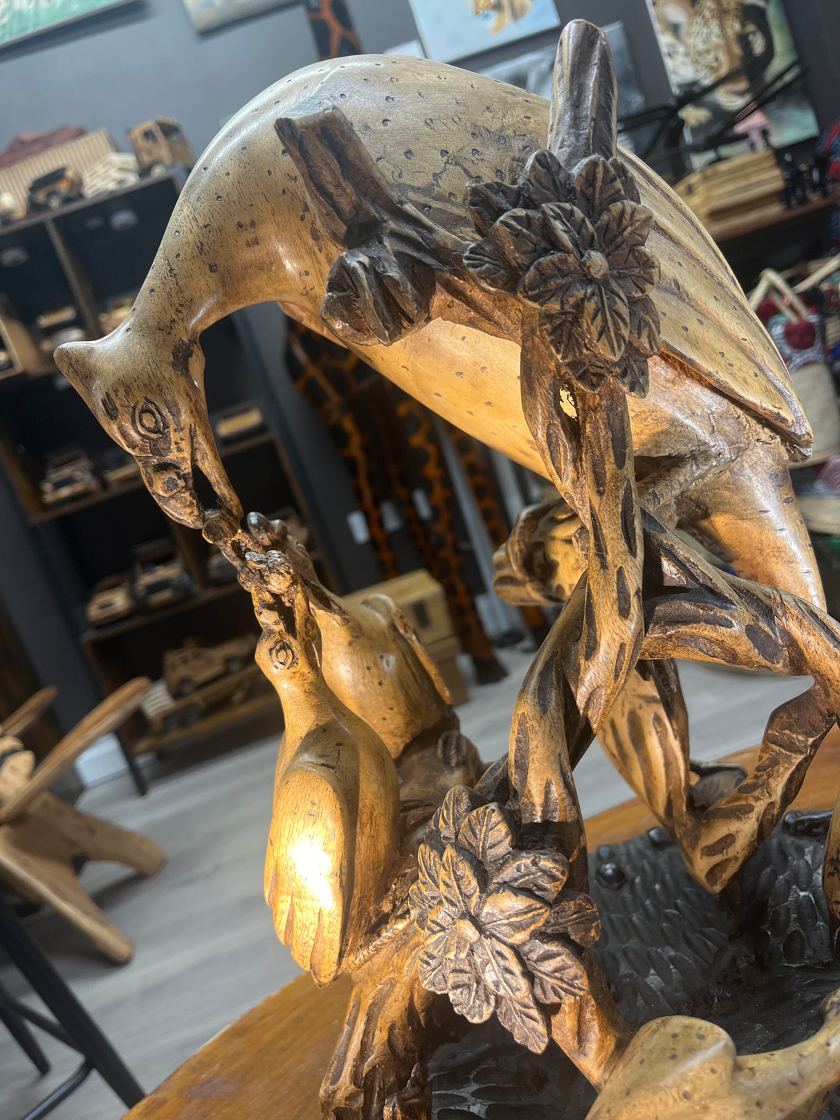 Intricately Hand Carved Vulture Feeding Frenzy On a Tree Wooden Statue