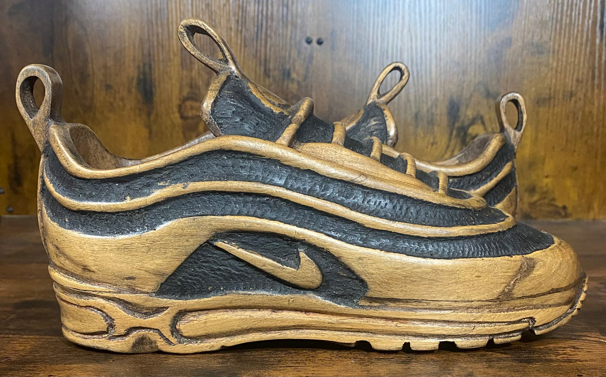 Pair of Nike Air Max 97 V1.3 Hand Carved Painted Mahogany Display Piece