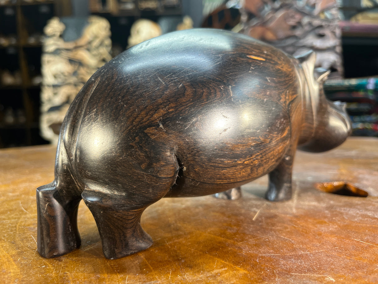 Hand Carved Ebony Wooden Hippo - Mouth Closed