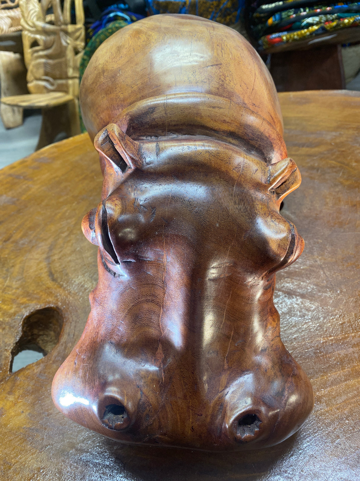 Big Reddish Colour Hand Carved Wooden Hippo - Mouth Closed (Heavy Piece)