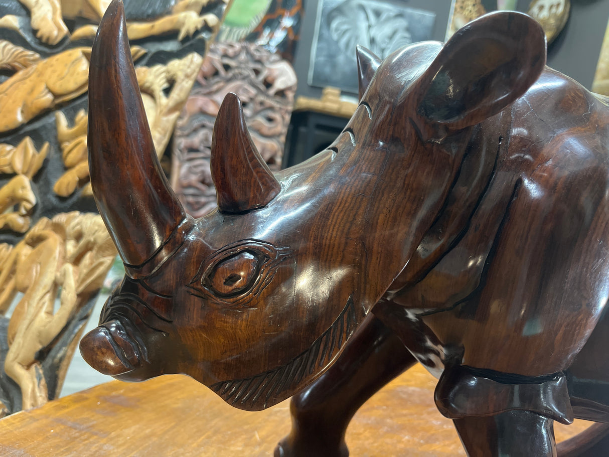 Large and heavy Hand Carved Wooden Standing Rhino Curio (Muscular Look)