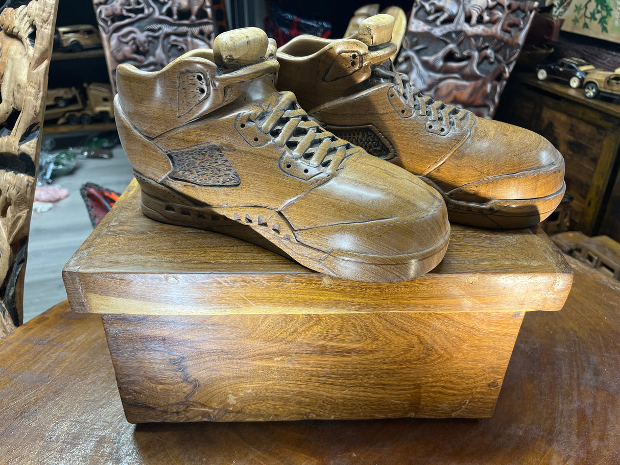 Pair of Jordan 5 V3.1 Hand Carved Mahogany Display Piece with Wooden Box