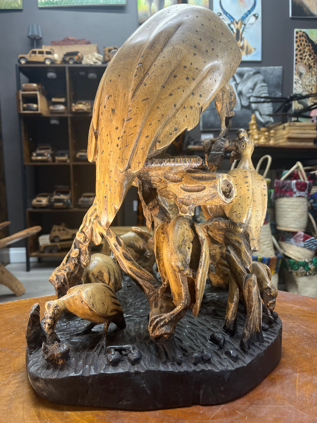 Intricately Hand Carved Vulture Feeding Frenzy On a Tree Wooden Statue
