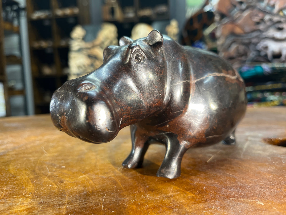 Small Hand Carved Ebony Wooden Hippo - Mouth Closed