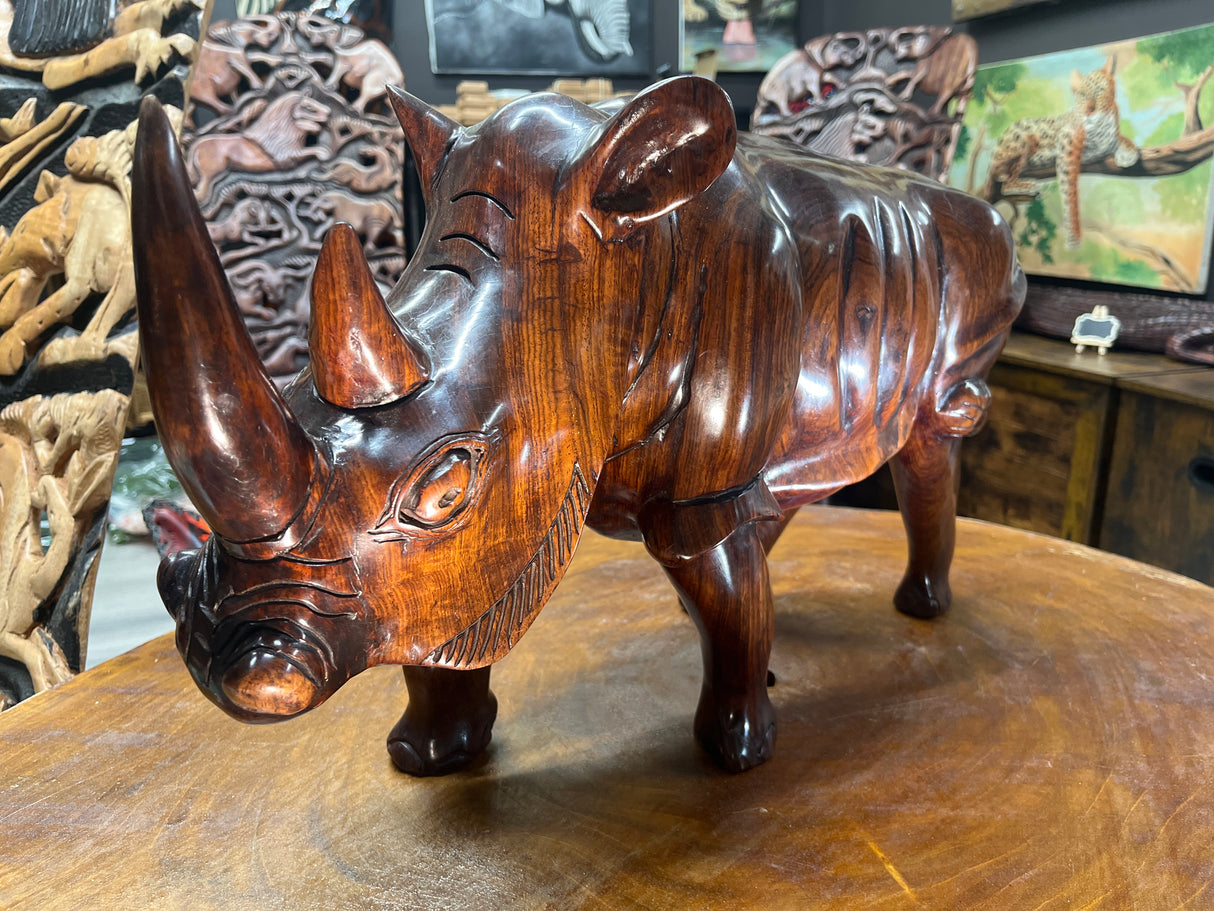 Large and heavy Hand Carved Wooden Standing Rhino Curio (Muscular Look)