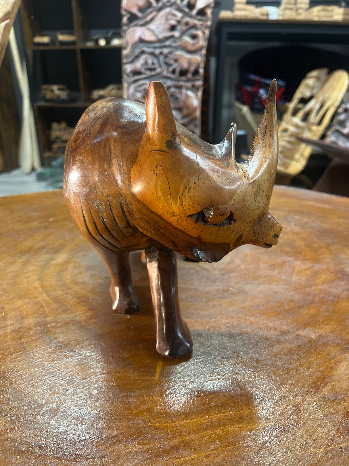 Bold Handcarved Wooden Standing Rhino Curio