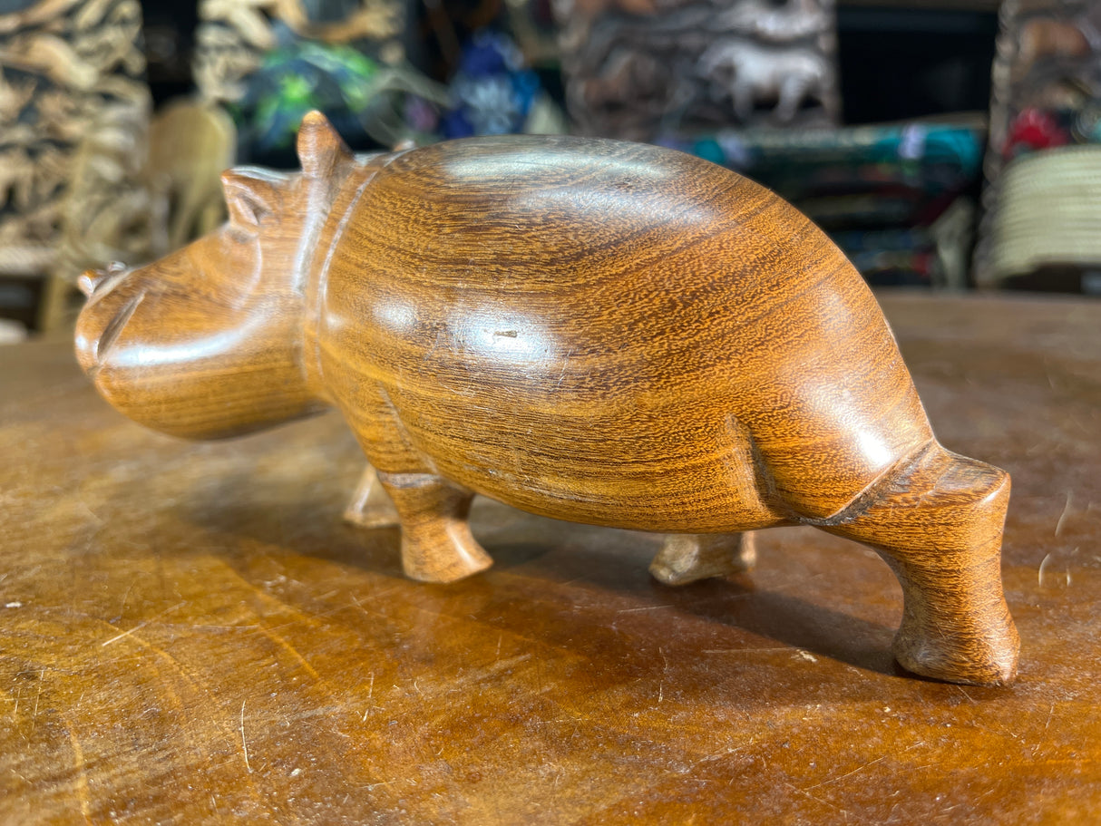 Small Hand Carved Wooden Hippo - Mouth Closed