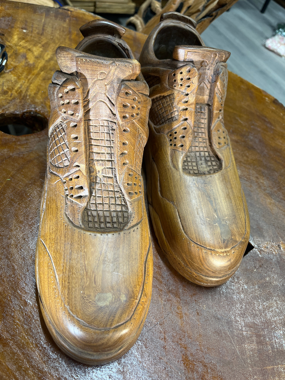 Pair of Jordan 4 V2.1 Hand Carved Mahogany Display Piece