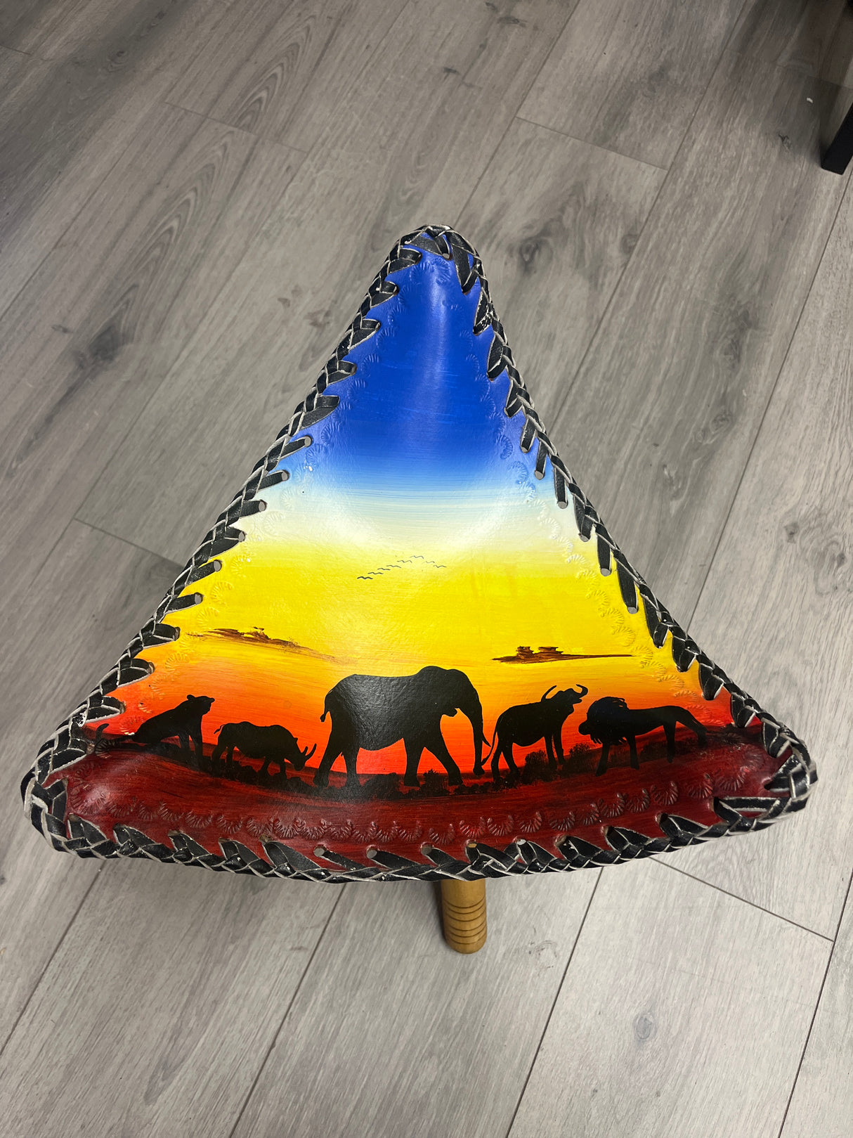 Handmade Folding Tripod Chair with an African Savannah Sunset on the Leather Seat - Tanzania