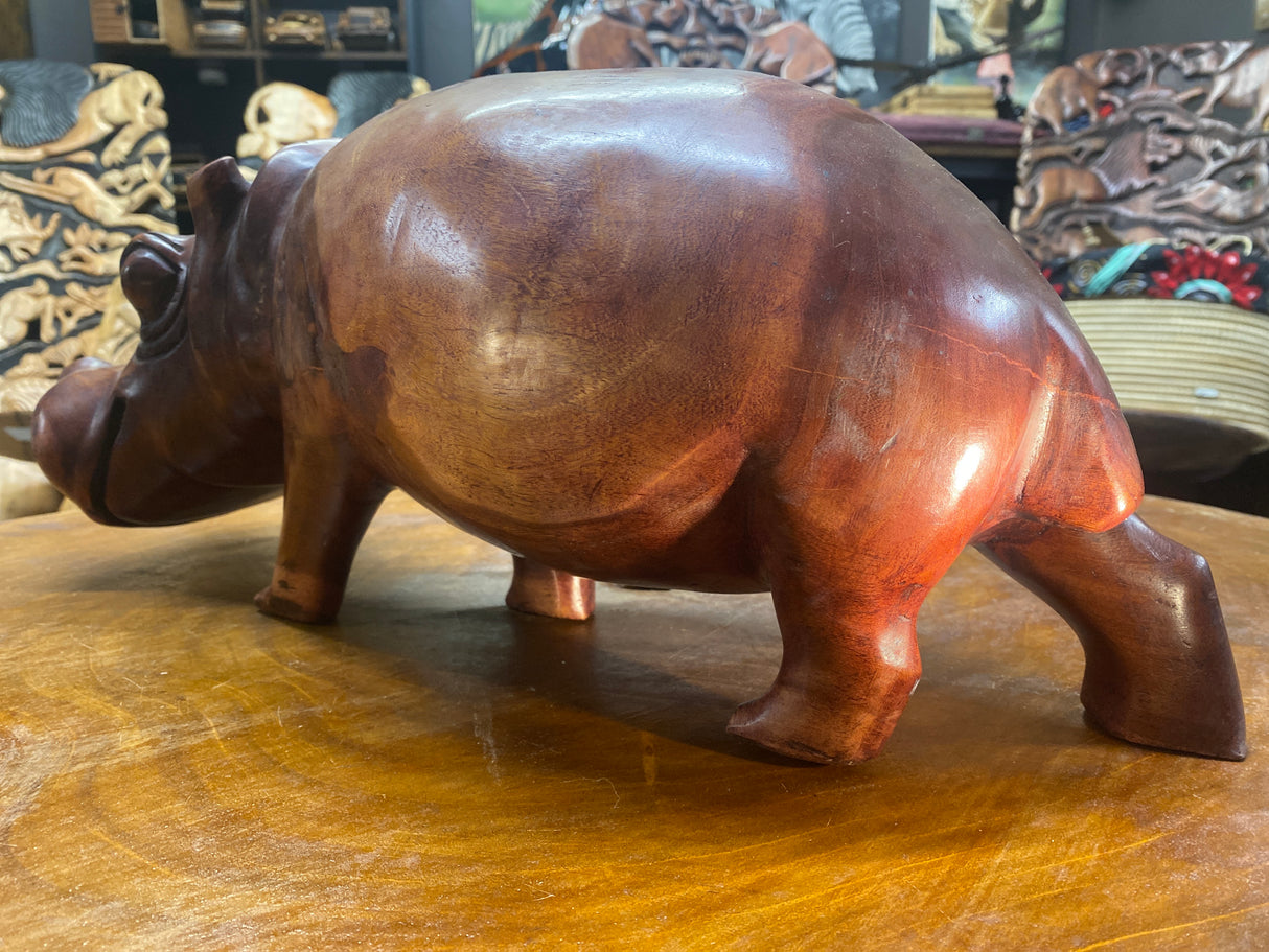 Big Reddish Colour Hand Carved Wooden Smiling Hippo - Mouth Closed (Heavy Piece)