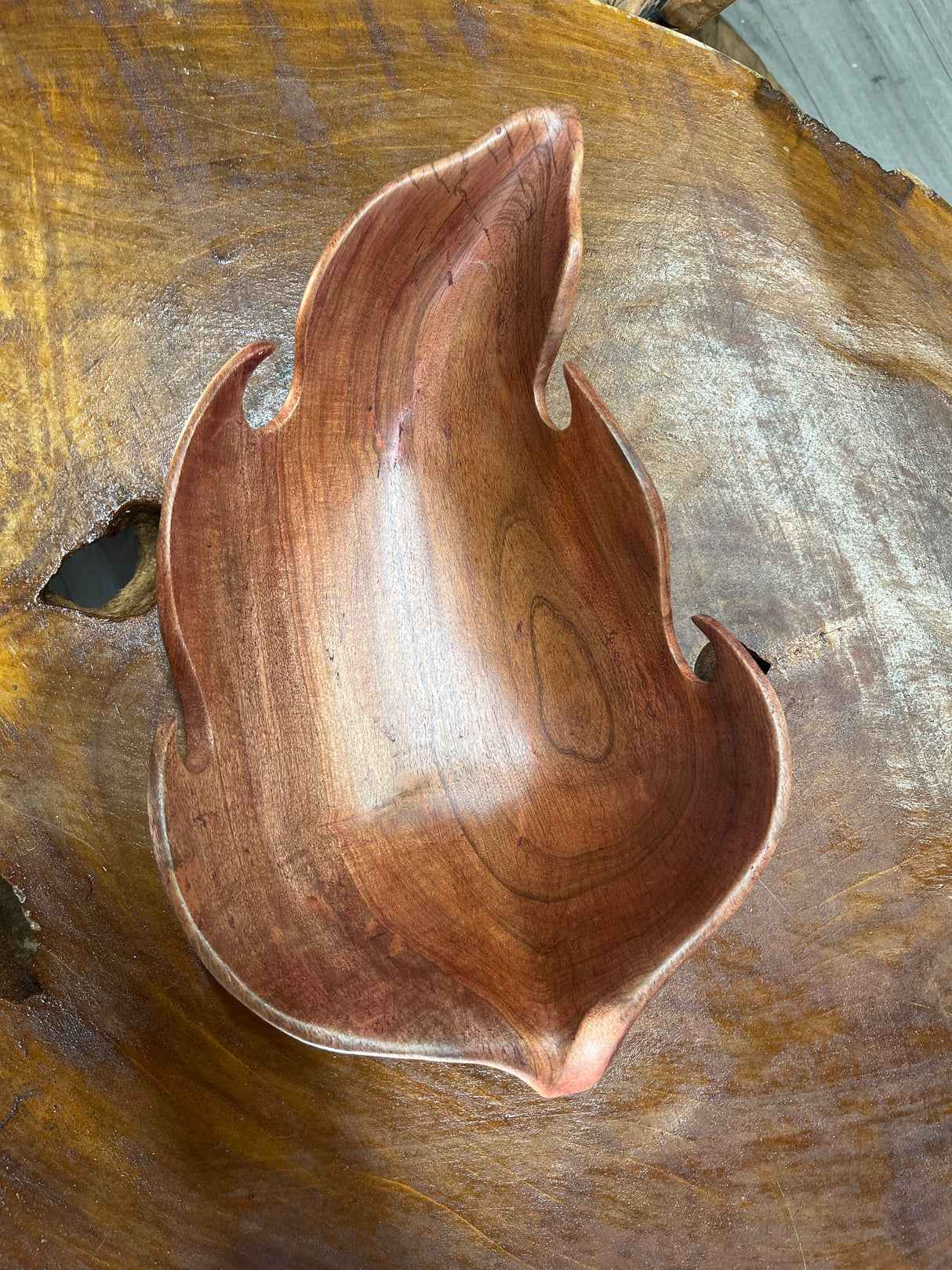 Medium Size Handmade Red Wooden Leaf Salad and Serving Dish