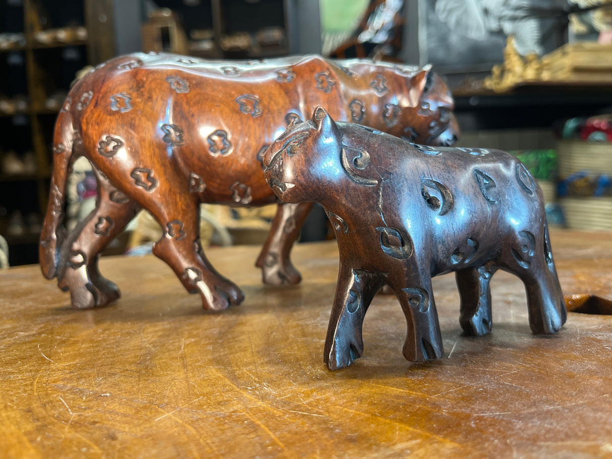Hand Carved Ebony Wood Mother and Baby Leopard
