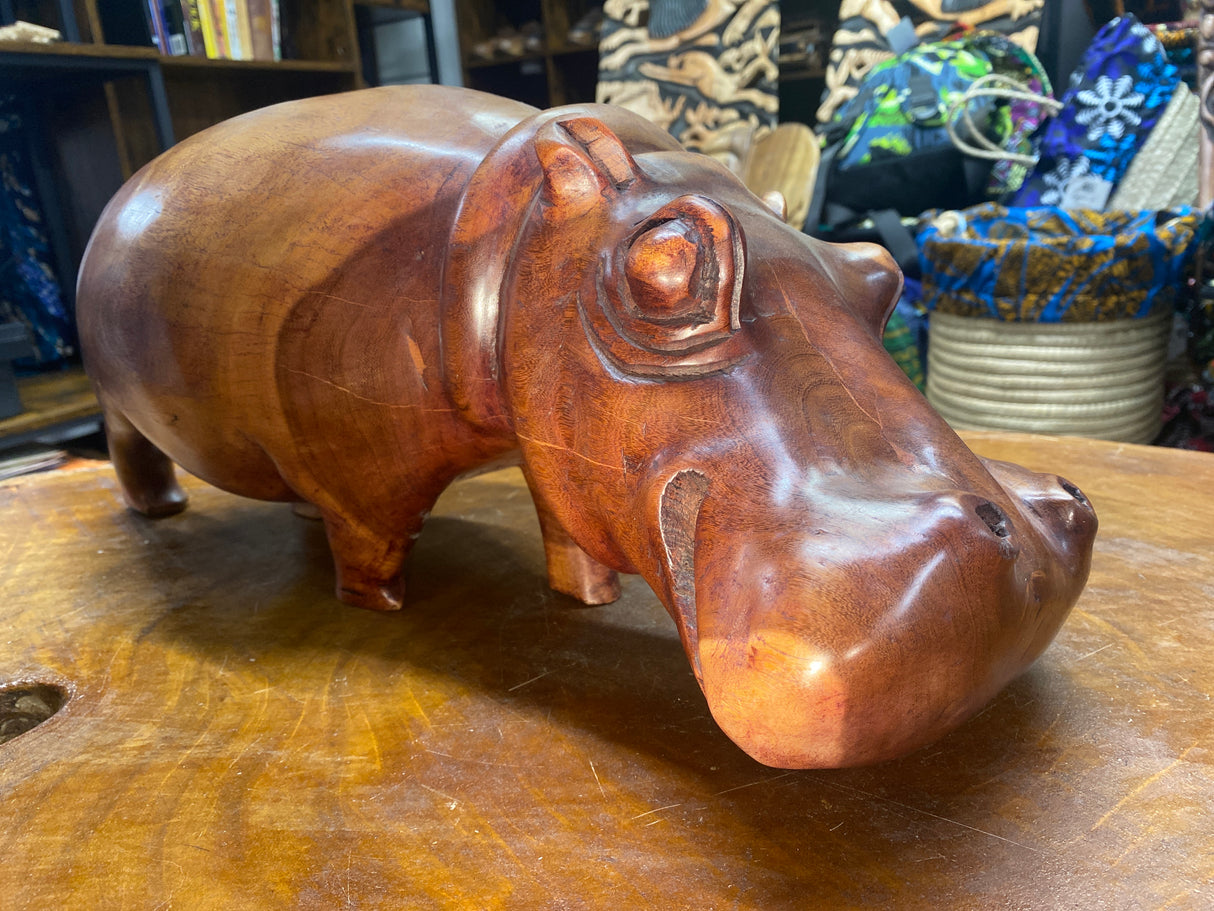 Big Reddish Colour Hand Carved Wooden Hippo - Mouth Closed (Heavy Piece)