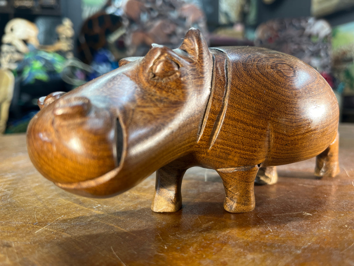 Small Hand Carved Brown Grained Wood Hippo - Mouth Closed