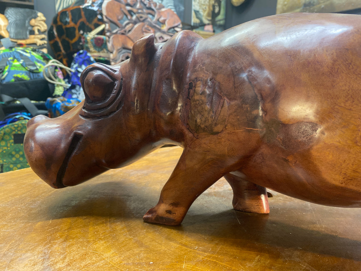 Big Reddish Colour Hand Carved Wooden Smiling Hippo - Mouth Closed (Heavy Piece)