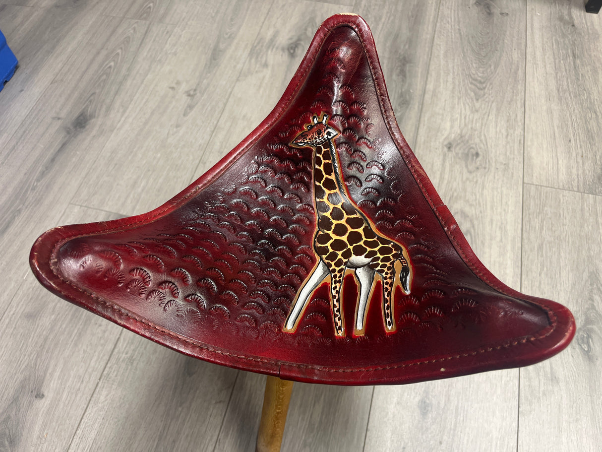Handmade Folding Tripod Chair with a Giraffe on the Leather Seat - Tanzania
