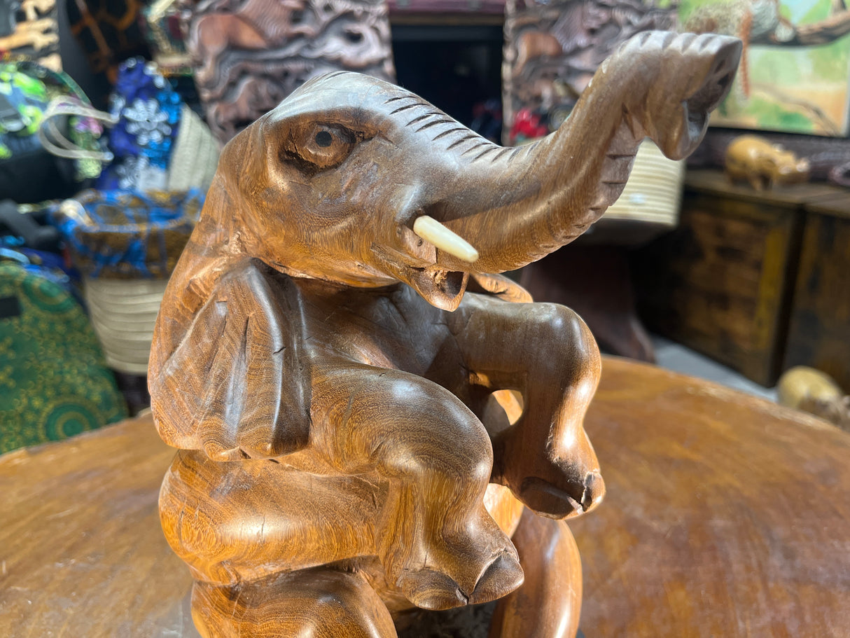 Hand Carved Happy Elephant Mahogany