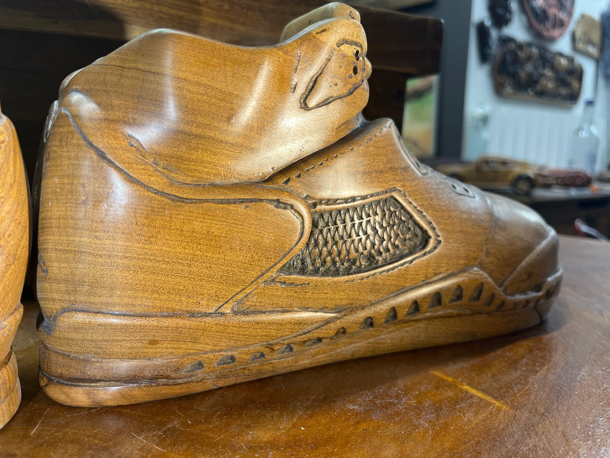 Pair of Jordan 5 V3.1 Hand Carved Mahogany Display Piece with Wooden Box