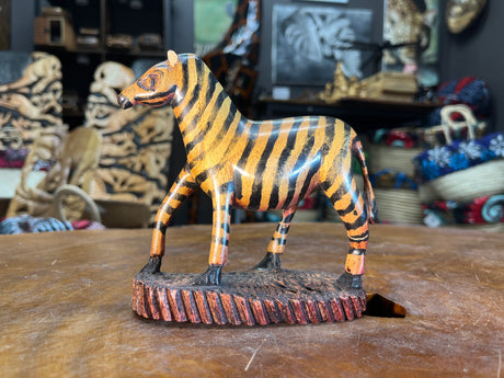 Hand Carved Painted Wooden Zebra on Stand