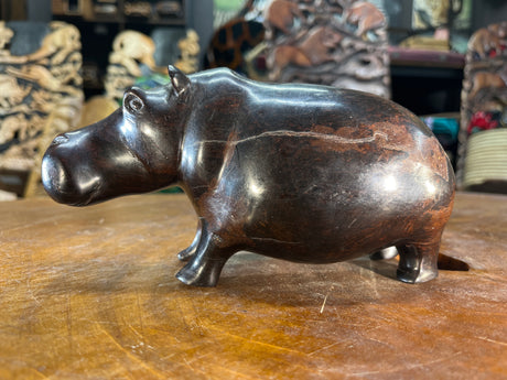Small Hand Carved Ebony Wooden Hippo - Mouth Closed