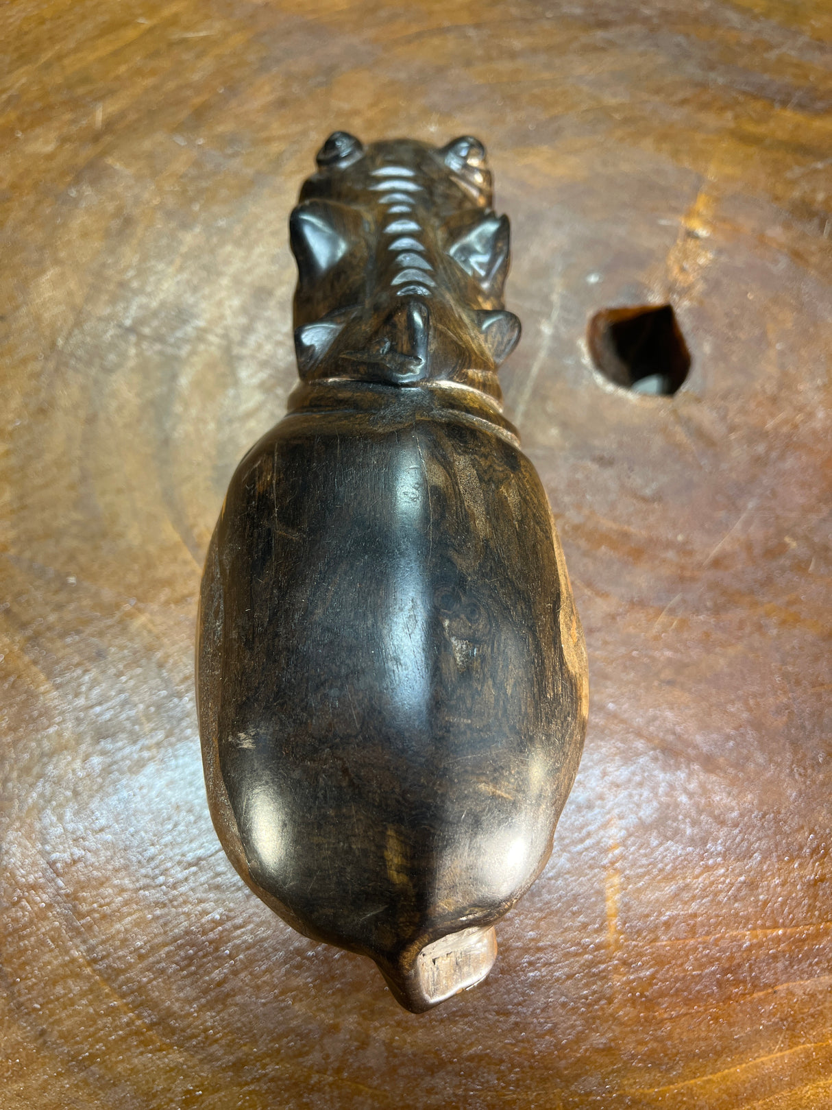 Hand Carved Dark Brown Wooden Hippo - Mouth Closed