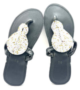 White and Gold Beaded Black Slippers