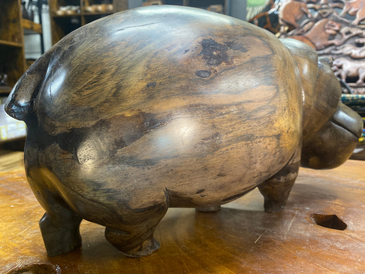 Hand Carved Wooden Smiling Hippo - Mouth Closed