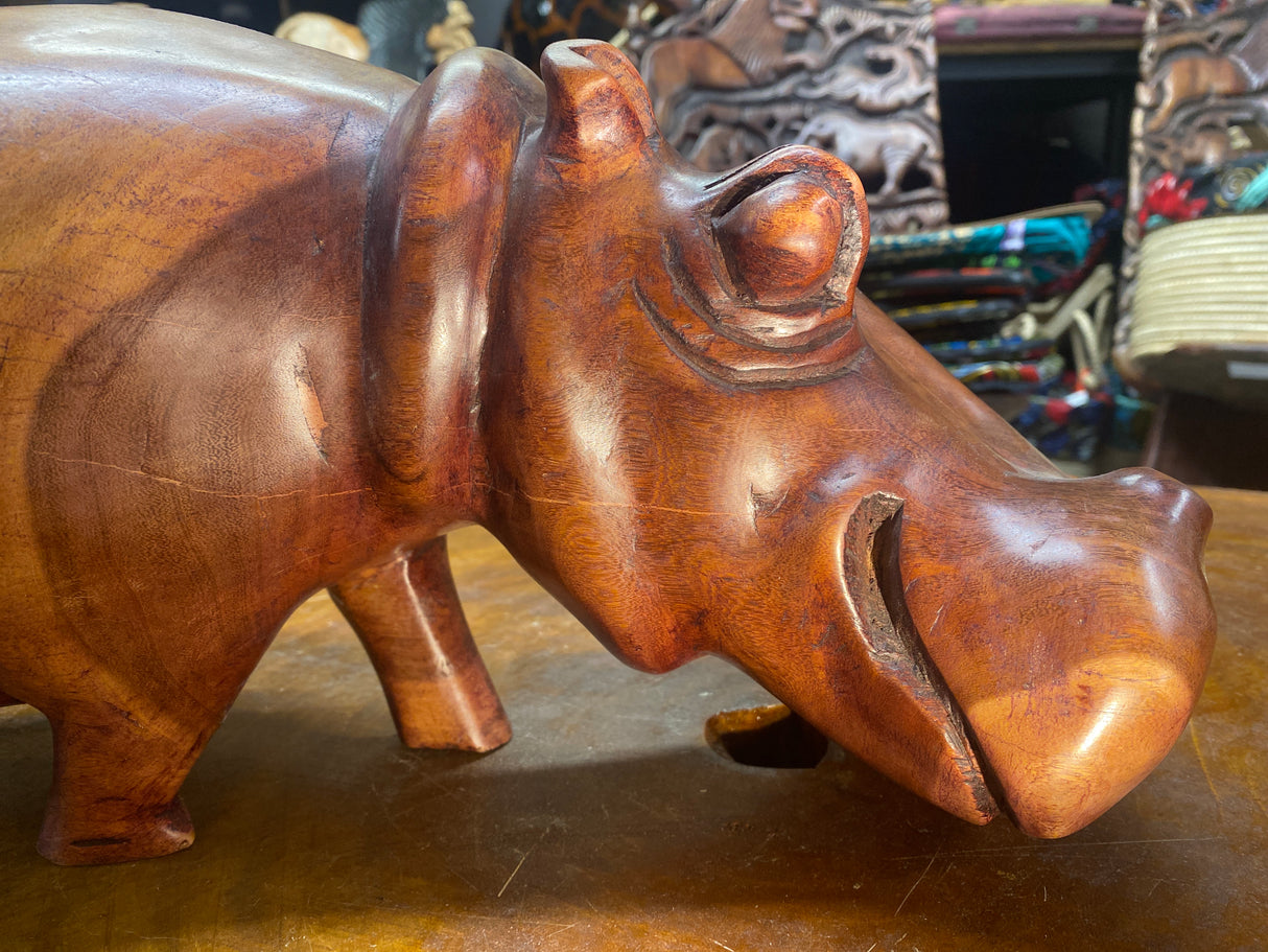 Big Reddish Colour Hand Carved Wooden Hippo - Mouth Closed (Heavy Piece)
